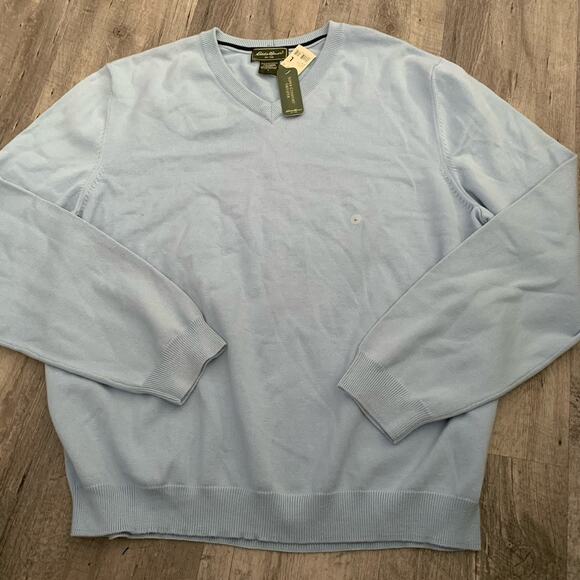 Eddie Bauer Sweater Men Large Sky Blue Fine Gauge V-Neck Pullover PIMA Nylon NEW - Picture 1 of 6